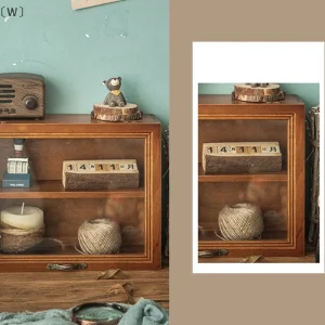 Väggdisplaysskåp i trä med glasfront