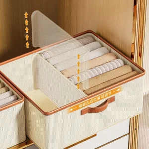 Modulära klädförvaringslådor i vävd textil med lädertrim – garderobsorganisatorer för byxor, tröjor och jeans