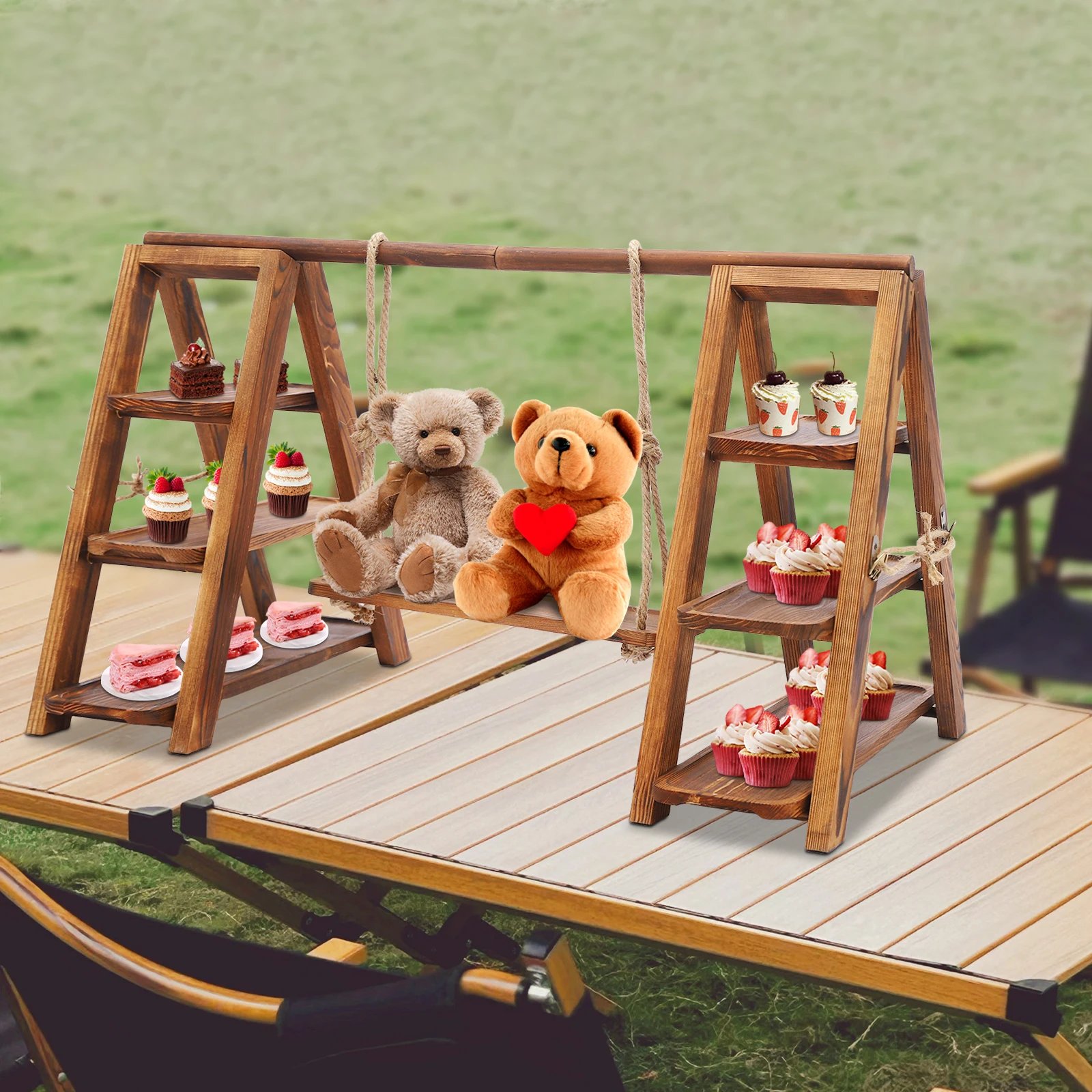 Träserveringsställ med dubbla tre-nivåer och höjdjusterbar svängplatta 3 Träserveringsställ med dubbla tre-nivåer och höjdjusterbar svängplatta - Bild 3