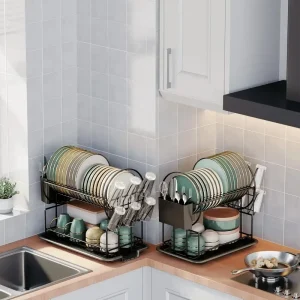 2-nivå diskställ med avtappningsbräda – köksbänken för porslin, koppar och bestick 10 2-nivå diskställ med avtappningsbräda – köksbänken för porslin, koppar och bestick