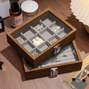 Smyckesförvaringslåda i valnötsfärg – exklusiv trälåda för ringar, örhängen, halsband och småprylar med flerdelade fack