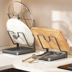 Köksförvaringsställ för kastrullock, spatlar och skärbräda med avrinning