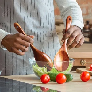 2 delar akaciaträ salladsbestick: salladsskopa och gaffel med långt skaft, cirka 25 cm