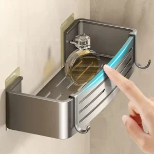 Duschhörnskåp utan borr – Akryl badrumshylla med handdukstång och schampo-hållare