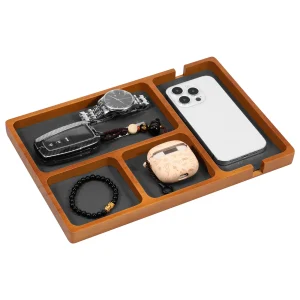 Skrivbordstråg i massiv trä med läderinlägg – fyra fack