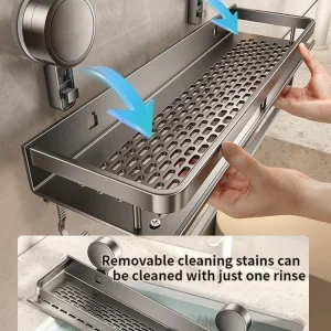 Sugkoppsmonterad badrumsförvaring i aluminium – väggmonterad hylla