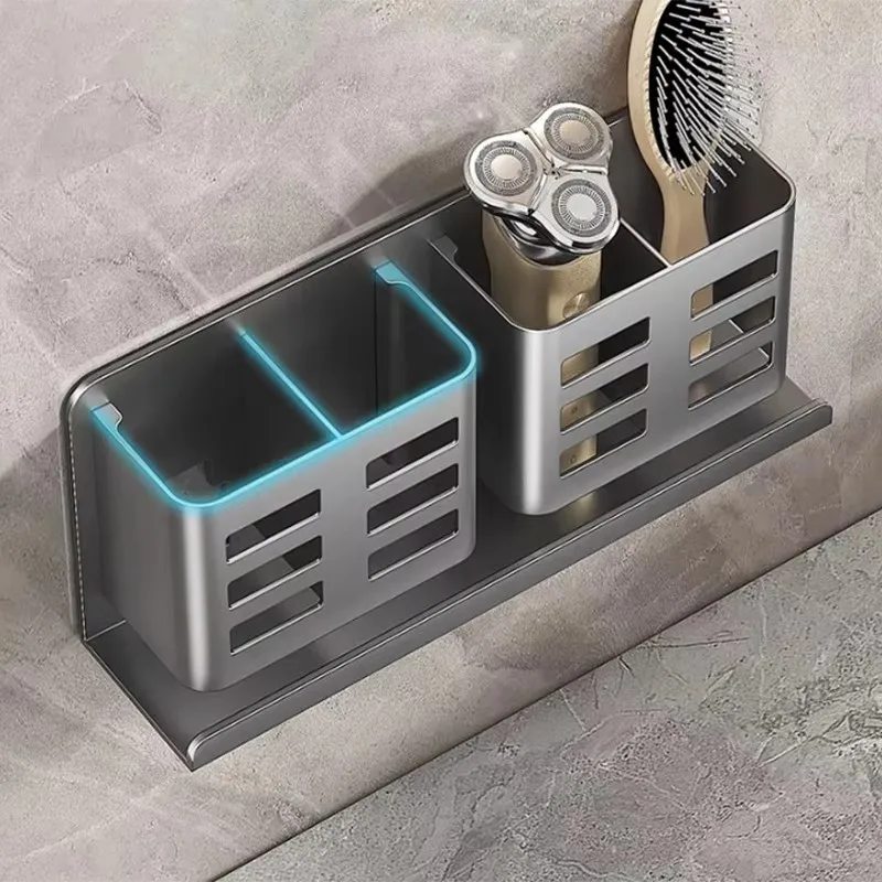 Väggmonterad Badrumsförvaring: Organisator för makeupborstar, rakhyvlar, tandborstar och tubförvaring 1 Väggmonterad Badrumsförvaring: Organisator för makeupborstar, rakhyvlar, tandborstar och tubförvaring