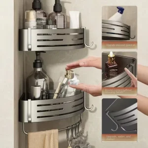 1–2-delad badrumshörnskylla med plastkrok och handdukshängare, väggmonterad 10 1–2-delad badrumshörnskylla med plastkrok och handdukshängare, väggmonterad