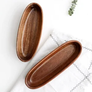 Oval tallrik i massivt trä av akaciaträ – japansk stil, sushi- och desserttallrik