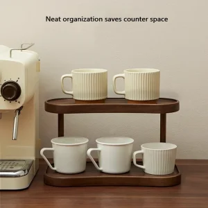 Alternative view of 2‑nivåers förvaringshylla i trä – makeup- och mugghylla för vanity, kök och vardagsrum