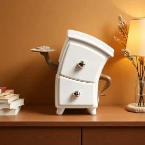 Smyckesförvaringslåda i unik form med kosmetikapuff-organizer och lådor