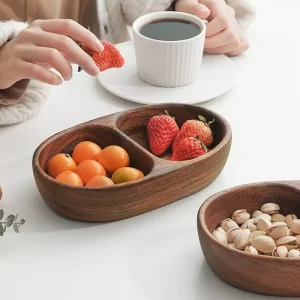 Tvådelad serveringsbräda i akaciaträ – rund frukt- och snacksfat i solid trä 11 Tvådelad serveringsbräda i akaciaträ – rund frukt- och snacksfat i solid trä