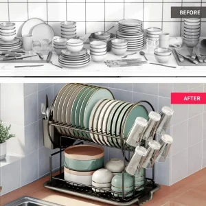 2-nivå diskställ med avtappningsbräda – köksbänken för porslin, koppar och bestick 9 2-nivå diskställ med avtappningsbräda – köksbänken för porslin, koppar och bestick