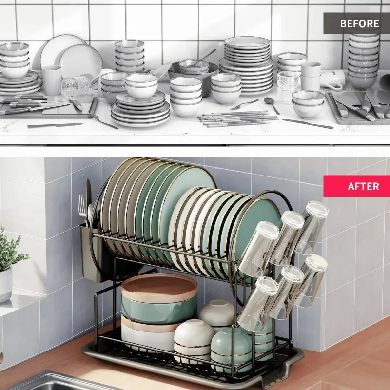 2-nivå diskställ med avtappningsbräda – köksbänken för porslin, koppar och bestick 3 2-nivå diskställ med avtappningsbräda – köksbänken för porslin, koppar och bestick - Bild 3