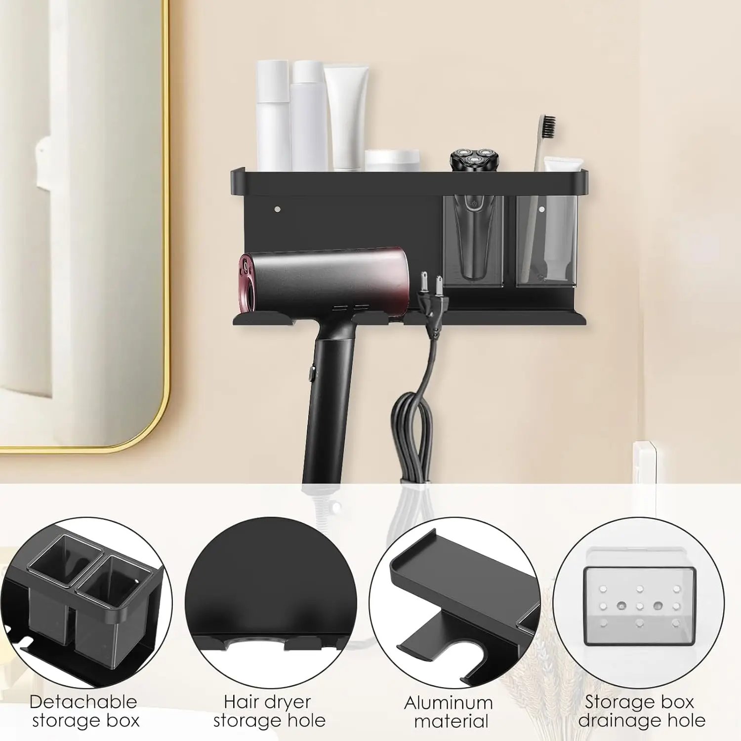 Väggmonterad hållare för hårtork med hylla – multifunktionell förvaringslösning för badrum 4 Väggmonterad hållare för hårtork med hylla – multifunktionell förvaringslösning för badrum - Bild 4