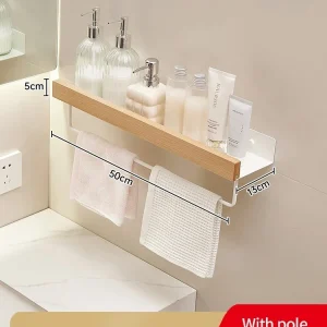 Hörnhylla i trä- och aluminium för badrum – väggmonterad