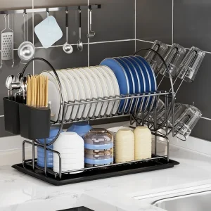 2-nivå diskställ med avtappningsbräda – köksbänken för porslin, koppar och bestick 13 2-nivå diskställ med avtappningsbräda – köksbänken för porslin, koppar och bestick