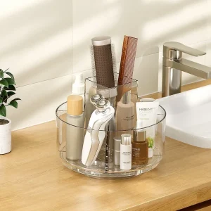 Klar akryl kosmetikförvaring med roterande bricka – sminkorganisator för bord/badrum