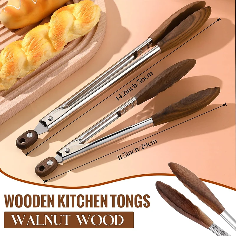 Kökstång i trä och rostfritt stål med trähandtag – lång tång för matlagning och sallad 2 Kökstång i trä och rostfritt stål med trähandtag – lång tång för matlagning och sallad - Bild 2