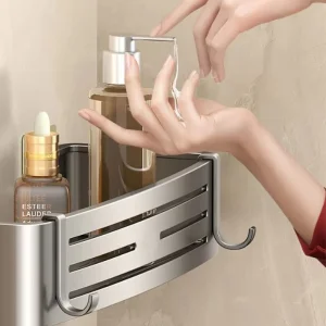 Duschhörnskåp utan borr – Akryl badrumshylla med handdukstång och schampo-hållare