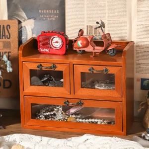 Skrivbordskorg i trä med lådor – Retro förvaring för smycken, makeup och småsaker