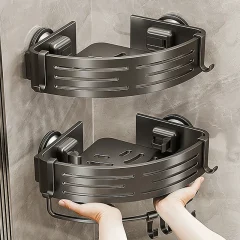 Sugkoppsmonterad hörnhylla i aluminium för badrum – väggmonterad hylla med ett hyllplan