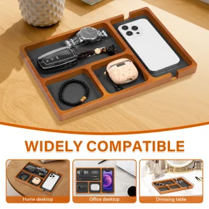 Skrivbordstråg i massiv trä med läderinlägg – fyra fack