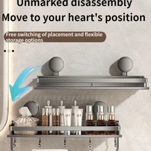 Sugkoppsmonterad badrumsförvaring i aluminium – väggmonterad hylla