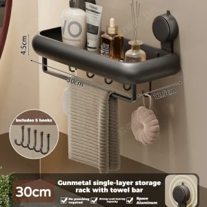 Sugkoppsbaserad badrumshylla utan borr – väggmonterad aluminiumhylla för badrum och mer