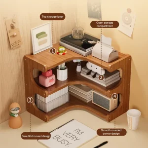 Flerlagers hörnskåp för skrivbord och hemmakontor – träförvaring och display