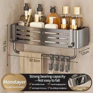 Sugkoppsmonterad hörnhylla i aluminium för badrum – väggmonterad hylla med ett hyllplan 17 Sugkoppsmonterad hörnhylla i aluminium för badrum – väggmonterad hylla med ett hyllplan