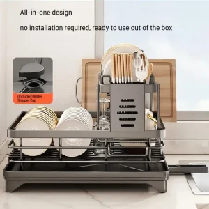 Alternative view of Justerbart diskställ i kolstål med droppbräda över diskhon – tallriksförvaring