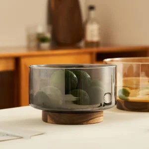 Fruktfat av akaciaträ och glas med hög fot – salladsskål och serveringsfat 20 Fruktfat av akaciaträ och glas med hög fot – salladsskål och serveringsfat