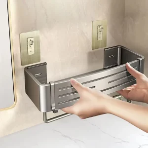 Duschhörnskåp utan borr – Akryl badrumshylla med handdukstång och schampo-hållare