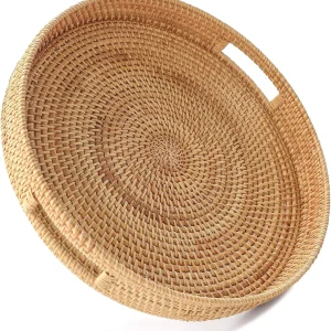 Rund serveringsbräda i naturlig rattan – vävd bricka för kök och bordsliv