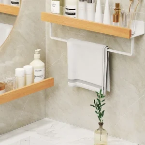 Hörnhylla i trä- och aluminium för badrum – väggmonterad