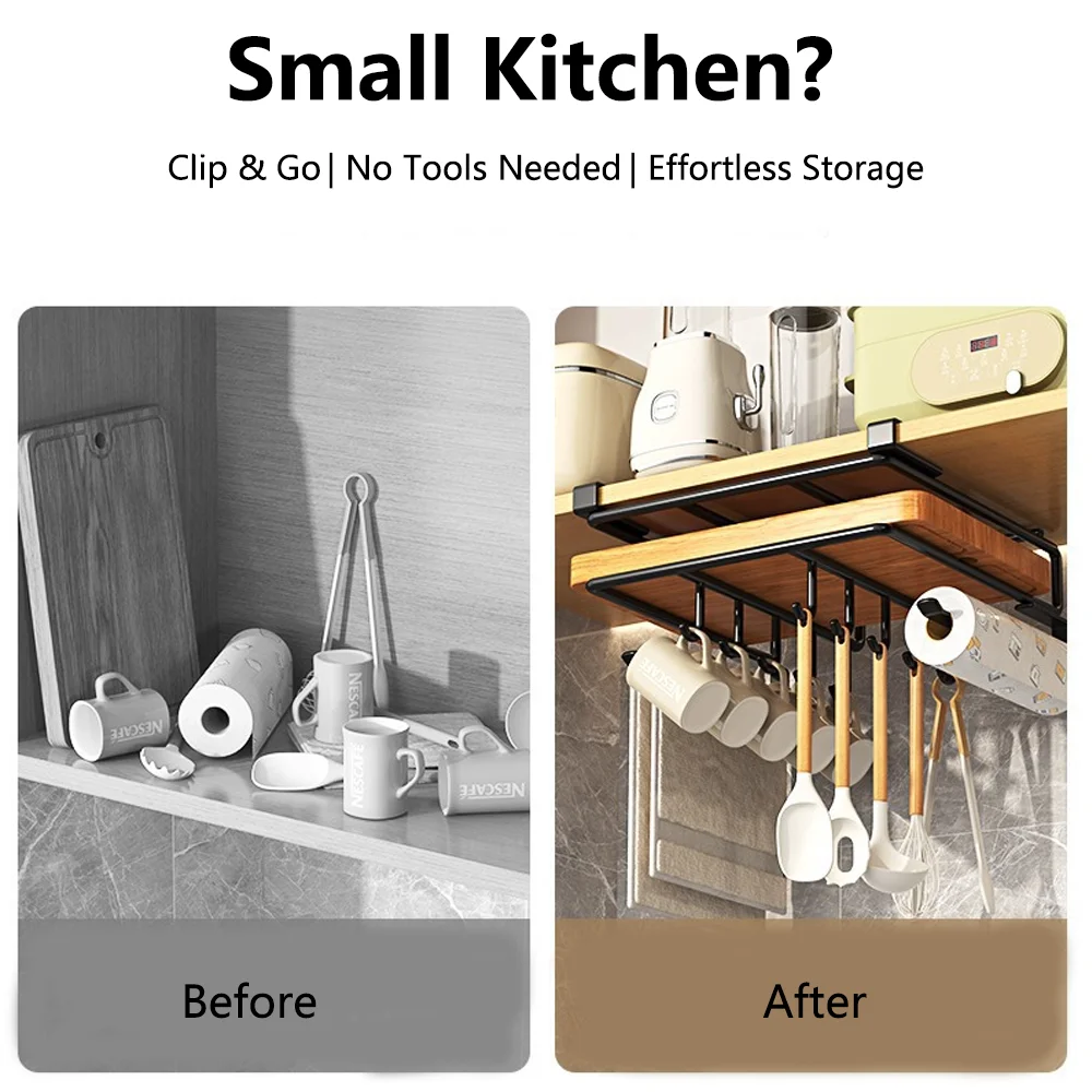 Under skåp köksorganisatör med krokar – mångsidig förvaringshylla för pappershanddukar, skärbrädor och kastrullock 4 Under skåp köksorganisatör med krokar – mångsidig förvaringshylla för pappershanddukar, skärbrädor och kastrullock - Bild 4