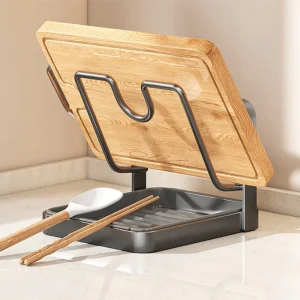 Köksförvaringsställ för kastrullock, spatlar och skärbräda med avrinning