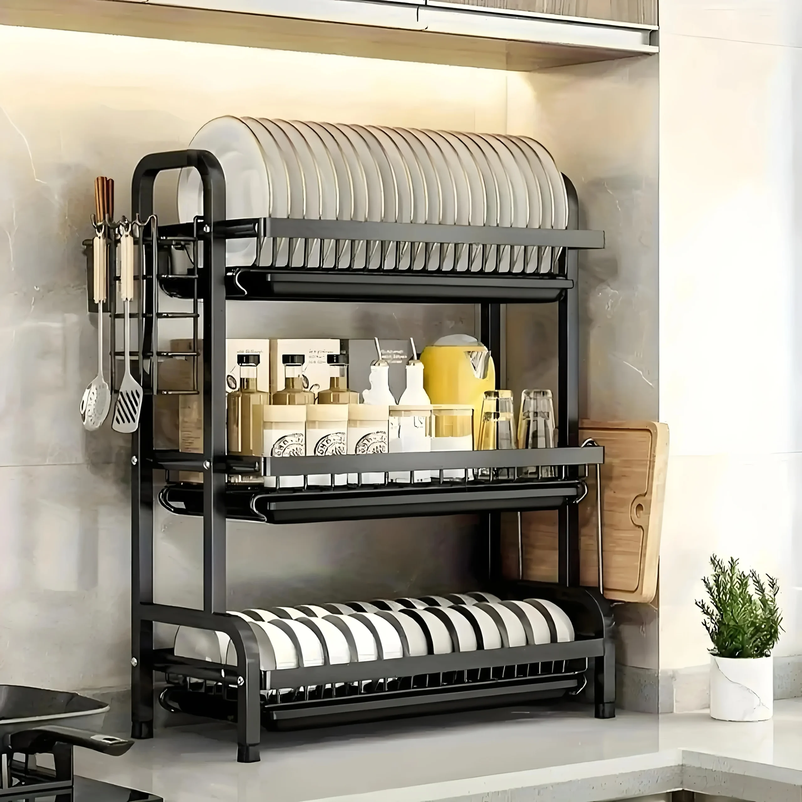 Stor två- till trevånings vertikalt diskställ/bestickhållare, köksförvaringsställ med snabb avrinning, kniv- och gaffelhållare samt skärbrädesförvaring – tungt multifunktionellt metallförvaringsställ för tallrikar, skålar och köksredskap 6 Stor två- till trevånings vertikalt diskställ/bestickhållare, köksförvaringsställ med snabb avrinning, kniv- och gaffelhållare samt skärbrädesförvaring – tungt multifunktionellt metallförvaringsställ för tallrikar, skålar och köksredskap - Bild 6