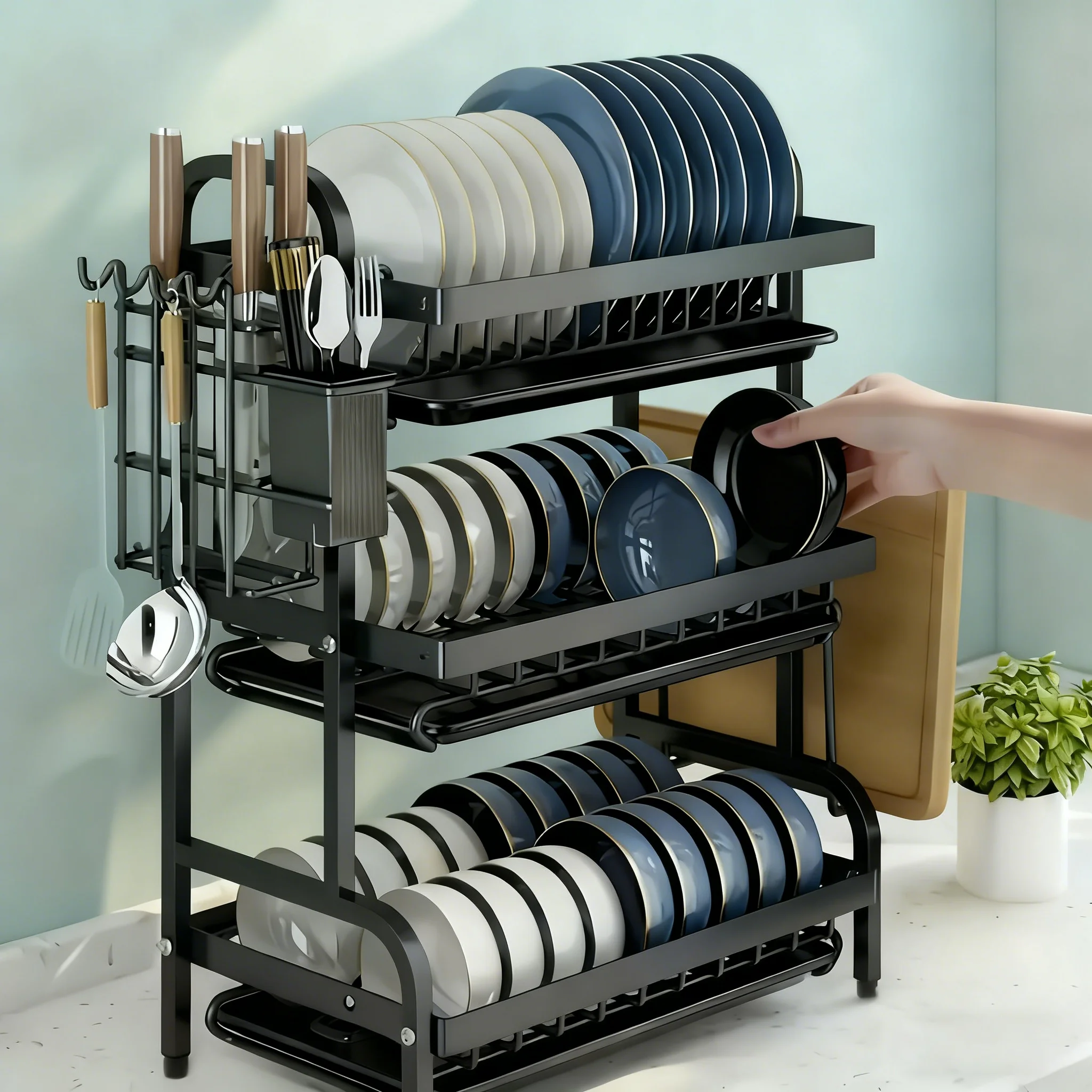 Stor två- till trevånings vertikalt diskställ/bestickhållare, köksförvaringsställ med snabb avrinning, kniv- och gaffelhållare samt skärbrädesförvaring – tungt multifunktionellt metallförvaringsställ för tallrikar, skålar och köksredskap 3 Stor två- till trevånings vertikalt diskställ/bestickhållare, köksförvaringsställ med snabb avrinning, kniv- och gaffelhållare samt skärbrädesförvaring – tungt multifunktionellt metallförvaringsställ för tallrikar, skålar och köksredskap - Bild 3