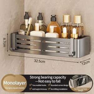 Sugkoppsmonterad hörnhylla i aluminium för badrum – väggmonterad hylla med ett hyllplan 18 Sugkoppsmonterad hörnhylla i aluminium för badrum – väggmonterad hylla med ett hyllplan