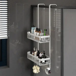 2-lagers duschhylla i metall – hörnmonterad väggförvaring med två korgar
