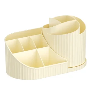 Rotationsorganisator för smink – Multifunktionell förvaring i plast för läppstift, ögonskugga och borstar (vita och rosa)