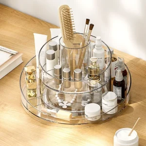 Klar akryl kosmetikförvaring med roterande bricka – sminkorganisator för bord/badrum