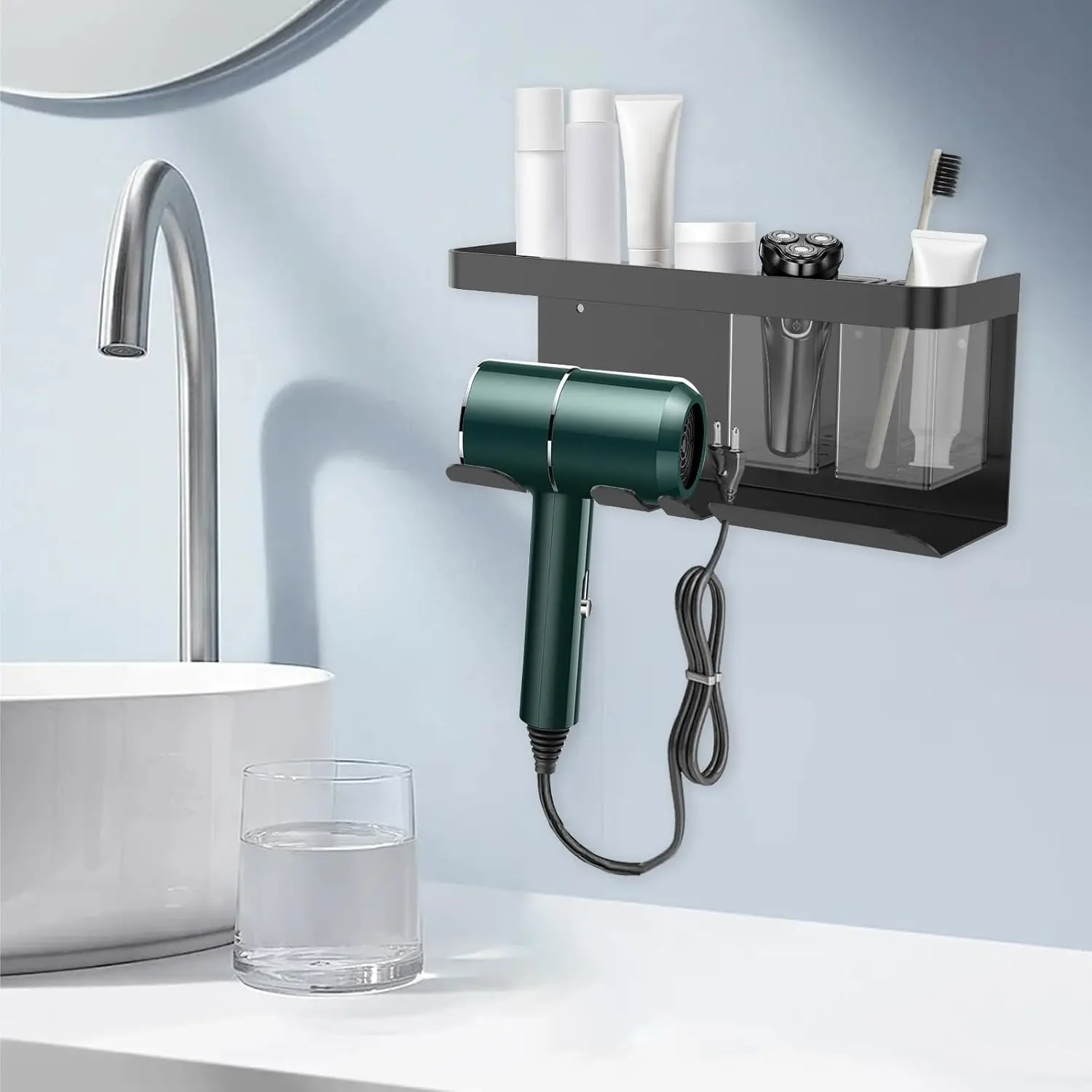 Väggmonterad hållare för hårtork med hylla – multifunktionell förvaringslösning för badrum 2 Väggmonterad hållare för hårtork med hylla – multifunktionell förvaringslösning för badrum - Bild 2