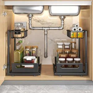 Under vasken-organisatörer i metall med utdragbar låda – förvaring under disk i köket