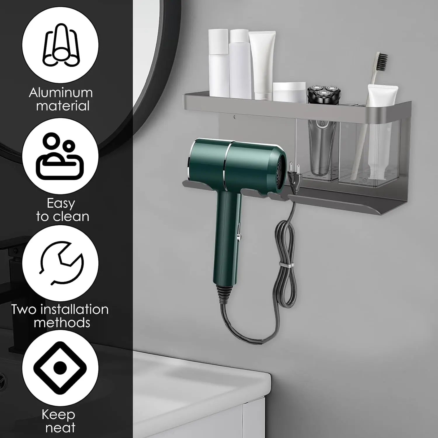 Väggmonterad hållare för hårtork med hylla – multifunktionell förvaringslösning för badrum 3 Väggmonterad hållare för hårtork med hylla – multifunktionell förvaringslösning för badrum - Bild 3