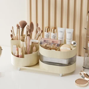 Roterbar sminkförvaring för skrivbordet med stor kapacitet – borsthållare samt fack för ögonskugga och läppstift