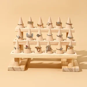 Träkonisk ringdisplayhållare – Smyckesdisplay med träbas