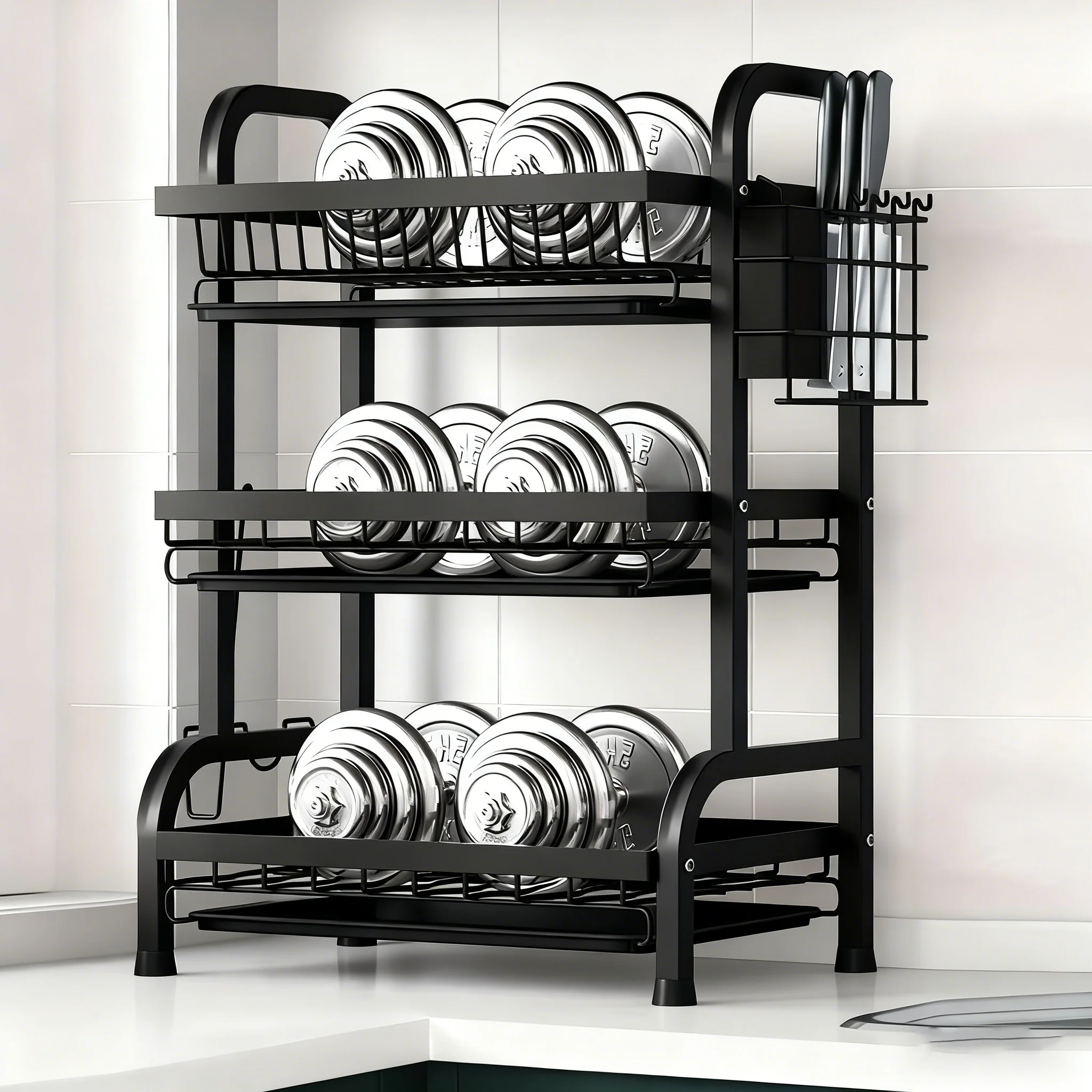 Stor två- till trevånings vertikalt diskställ/bestickhållare, köksförvaringsställ med snabb avrinning, kniv- och gaffelhållare samt skärbrädesförvaring – tungt multifunktionellt metallförvaringsställ för tallrikar, skålar och köksredskap 4 Stor två- till trevånings vertikalt diskställ/bestickhållare, köksförvaringsställ med snabb avrinning, kniv- och gaffelhållare samt skärbrädesförvaring – tungt multifunktionellt metallförvaringsställ för tallrikar, skålar och köksredskap - Bild 4